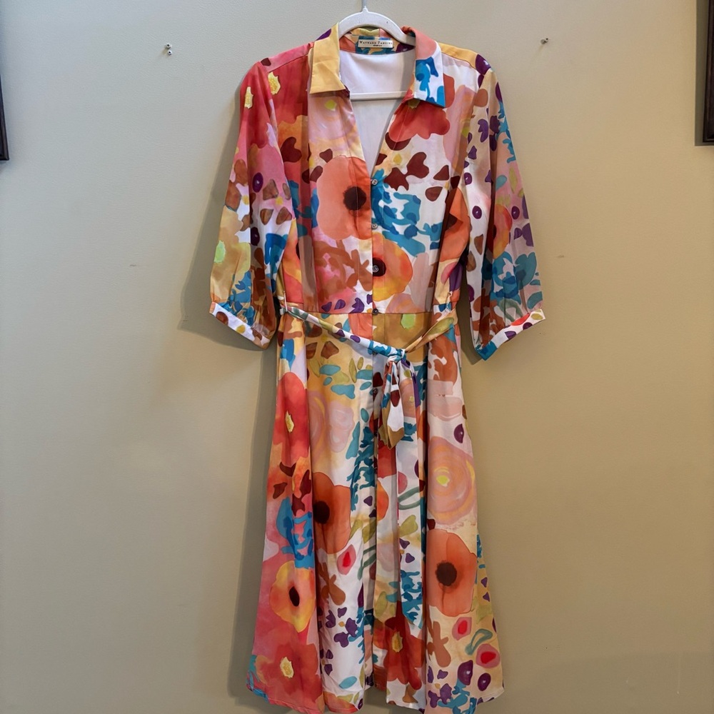 WAYWARD FANCIES Water Washed Floral Print Georgette A-Line Shirtdress Midi Dress